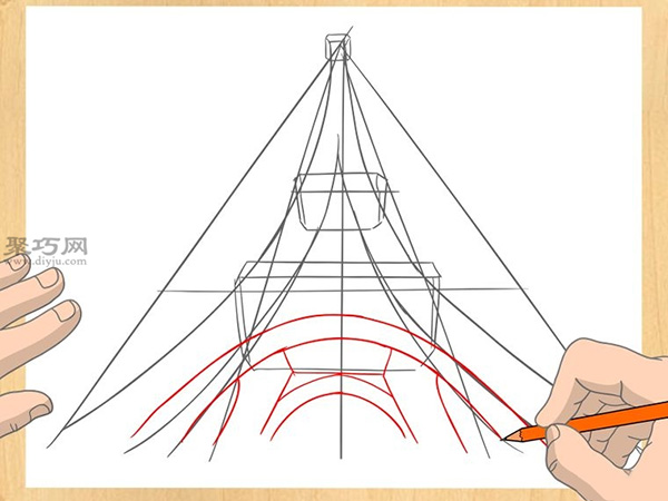 从底部仰望埃菲尔铁塔的画法步骤 11