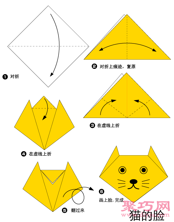 儿童动物折纸教程：小猫猫折纸图解