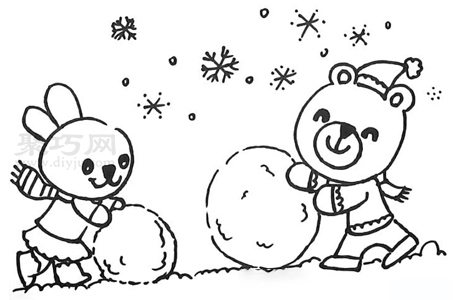 幼儿画小兔和小熊滚雪球简笔画