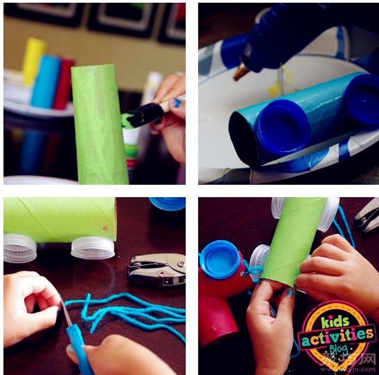 卷纸筒芯和饮料瓶盖手工制作玩具小火车